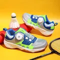 Detailed view of breathable kids' badminton shoes with non-slip soles and rotary buckle. - 30 / Grey Blue