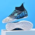 Close-up of boys' turf soccer shoes featuring a blue flame pattern and knit collar - 38 / Navy Blue Turf Soccer Shoes (268) / Dark Blue