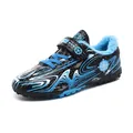 Warm fleece-lined kids' turf soccer shoes with blue camouflage print and adjustable Velcro strap - 28 / Blue