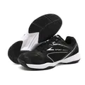 Black and white badminton shoes showing side profile and anti-slip rubber sole detail - 38 / Black