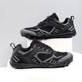 Side view of lightweight breathable knit outdoor hiking shoes in black and grey - 38 / Black