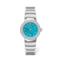 Luxury silver stainless steel quartz watch featuring turquoise marble dial and crystal bezel - White Blue
