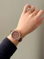 Elegant women's chronograph watch with brown leather strap and rhinestone case. - Rose Gold Case Coffee Dial Coffee Strap