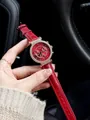 Elegant Scottie 9136 three-eye chronograph watch with red crocodile leather strap - Rose Gold Case Red Dial Red Strap
