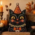 Vintage style wooden black cat tabletop figurine with party hat for Halloween decor - Hatted Black Cat Style (B)