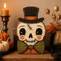 Vintage Holzskelett Charakter mit Zylinder für stimmungsvolle Halloween Tischdekoration - Zylinder Skelett Stil (G)