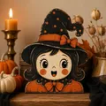 Vintage Halloween Tischdeko aus Holz mit einem süßen und klassischen Comic-Hexenmädchen - Zauberhut Mädchen Stil (H)