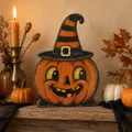 Kürbis-Tischdeko aus Holz für Halloween im Vintage-Stil mit gestreiftem Hexenhut - Hut Kürbis Stil (K)