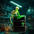 Creative Halloween decoration featuring a vomiting skeleton on a biohazard barrel. - Barfing Skeleton with Black Light and Bucket / Single Piece / Black with Fluorescent Green