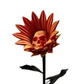 Nahaufnahme der verbotenen Sonnenblumendekoration mit realistischem Totenkopfzentrum - Orange
