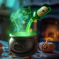 Classic black Halloween witch cauldron decoration featuring spooky green mist and flame effects - Small (19.5cm) Without Skull