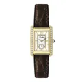 Elegant gold rectangular quartz watch with brown leather strap and luxury diamond accents - Gold Coffee Leather