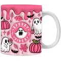3D pink dripping Halloween mug featuring cute ghosts and pumpkin patterns for Spooky Vibes - Pink Drip Relief Style (V)