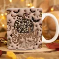 Premium ceramic Halloween mug featuring 3D leopard pumpkin print and Spooky Vibes text - Leopard Pumpkin Relief Style (P)