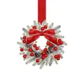 Small frosted Christmas wreath featuring red berries and a large red bow for cabinet decor - Christmas Wreath Snow Flocked Vine Style