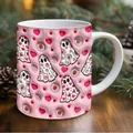 3D puffy pink ceramic mug featuring cute Halloween ghosts, hearts and daisies pattern - Pink Heart Ghost Style (J)