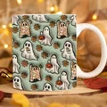 Halloween ceramic mug featuring 3D ghost and pumpkin patterns with leopard print - Mint Green Leopard Ghost Style (M)
