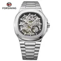 Forsining automatic mechanical skeleton watch with silver stainless steel band - Silver Case Black Dial Style (FSG8306M4)