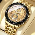 Luxurious gold stainless steel men's chronograph watch with multi-functional dial - Gold