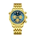 Orologio cronografo Longbo di lusso da uomo in acciaio inossidabile dorato con quadrante blu scuro - Oro (Quadrante Blu)