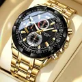 Reloj de negocios LONGBO para hombre en oro y acero con esfera negra y subesferas 80135 - Caja Dorada Esfera Negra