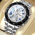 Reloj de negocios LONGBO 80135 para hombre con correa de acero plateada y detalles azules - Esfera Plateada Blanca Azul