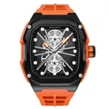 Αυτόματο μηχανικό ρολόι Megir 8607 tonneau skeleton με πορτοκαλί λουράκι σιλικόνης - Ρολόι Σκελετός (8607G) / Μαύρη Κάσα Μαύρο Καντράν Πορτοκαλί Λουράκι Σιλικόνης