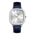 Detailansicht quadratische silberne Uhr mit blauem Lederband und arabischen Ziffern - Silbernes Gehäuse Blaues Armband / Blaues Lederarmband