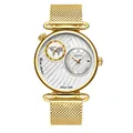 Luxuriöse goldene Quarzuhr mit zwei Zeitzonen und verstellbarem Mesh-Armband - Gold Weiß