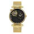 Herren Quarzuhr in Gold mit zwei Zeitzonen, schwarzem Zifferblatt und Mesh-Band - Gold Schwarz