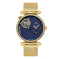 Elegante Herren-Quarzuhr mit zwei Zeitzonen, goldenem Netzarmband und blauem Zifferblatt - Goldblau