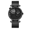 Elegante schwarze Herrenuhr mit Dual-Zeitzone, Milanaise-Armband und Weltkarten-Zifferblatt - Ganz Schwarz