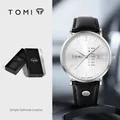 TOMI minimalistische Quarzuhr für Herren mit schwarzem Lederarmband und Zifferblatt - Silbernes Gehäuse Weißes Zifferblatt Schwarzes Lederarmband (T019-3)
