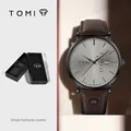 TOMI minimalistische Quarzuhr mit braunem Lederarmband und Sonnenschliff-Zifferblatt - Schwarzes Gehäuse Graues Zifferblatt Dunkelbraunes Lederarmband (T019-2)