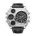 Oulm men's dual time zone military quartz watch with black leather strap and compass - Black