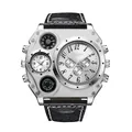 Oulm men's dual time zone quartz watch with large dial and black leather strap - White