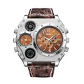Oulm dual time zone oversized men's quartz watch with brown leather strap and orange dial - Coffee