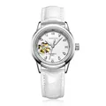 Elegant ladies automatic mechanical watch with white leather strap and clover skeleton dial - Silver Case White Dial - White Leather Strap
