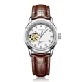 Women's automatic mechanical watch with brown leather strap and clover skeleton dial - Silver Case White Dial - Brown Leather Strap