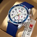 Herren Sport Quarzuhr mit blauem Silikonarmband und weißem Chronographenblatt - Blau Silber Weiß Silikon