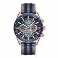 MEGIR men's quartz chronograph watch featuring a blue honeycomb dial and striped nylon strap - Rose Gold Case Blue Bezel Blue-Rose Dial Grey-Blue Strap