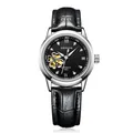 Elegant women's automatic mechanical watch with black leather strap and heart hollow dial - Silver Case Black Dial - Black Leather Strap