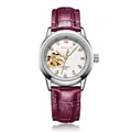 Elegant ladies automatic mechanical watch with burgundy crocodile leather strap and open heart - Silver Case White Dial Rose Markers - Purple Leather Strap
