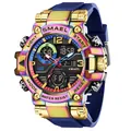 SMAEL men's digital sports watch with rainbow case and blue strap - Colorful Dual Display Style (8110) / Iridescent