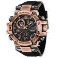 SMAEL men's dual-display waterproof sports watch with rose gold case and black rubber strap - Antique Rose Gold Dual Display Style (8110) / Antique Rose Gold
