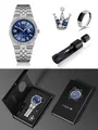 TOMI Herren Business-Uhren-Geschenkset mit silbernem Edelstahlarmband und blauem Zifferblatt - Business-Set 4 / Silver Band Dark Blue Dial (T311-4)
