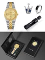 Luxuriöses TOMI Herrenuhren-Set in Bi-Color mit Ring, Kronennadel und eleganter Box - Zweifarbiges Band Goldenes Zifferblatt (T311-6)