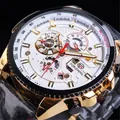 Detailansicht der Forsining automatischen mechanischen Herrenuhr mit weißem Zifferblatt - Schwarzes Armband Goldgehäuse Weißes Zifferblatt