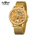 Detail of T-WINNER men's manual mechanical watch with golden skeleton dial and mesh strap - Gold (Gold Band Gold Face)