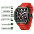 OFNS Tonneau-Quarzuhr mit rotem Silikonarmband und Chronographenfunktion für Herren - Schwarz Roter Stil